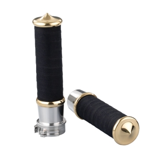 Kustom Tech Fabric Tape Style Grips In Polished Aluminium and Polished Brass End Cap For External Throttle (06-045)